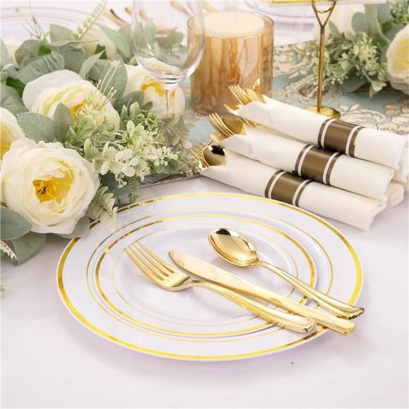 350 Pieces Gold Plastic Plates with Disposable Silverware and Cups - Picture 3 of 7
